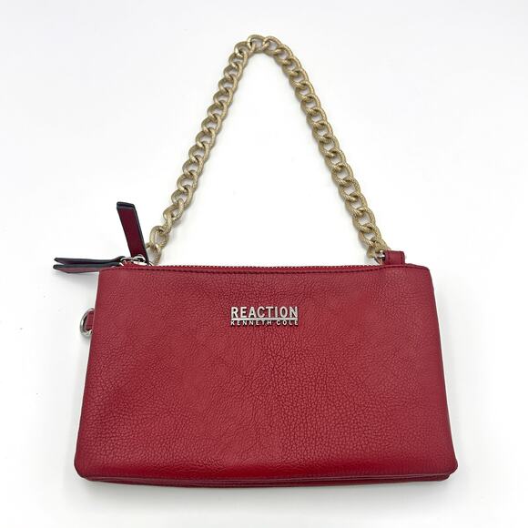 KENNETH COLE REACTION Pebbled Faux Leather Gold Chainlink Shoulder Bag (Red) - Picture 2 of 13